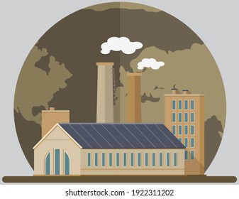 Manufactures and plants pollute air and atmosphere. Construction buildings against background of destroyed planet. Energy production factory, enterprise and disastrous emissions of smoke and smog