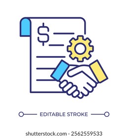 Manufacturing agreement RGB color icon. Handshake and contract with dollar sign. Trust and collaboration concept. Isolated vector illustration. Simple filled line drawing. Editable stroke