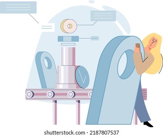 Manufacturing at automated production industry. Woman watching industrial conveyor equipment work process. Technical and science innovation. Smart manufacture, automation, development concept