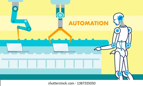 Manufacturing Automation Flat Banner Template. Laptops, Notebooks on Conveyor Belt. Hi-tech Equipment, Robotic Arms Holding Gadgets. Cartoon Cyborg Supervising Production Assembly Line