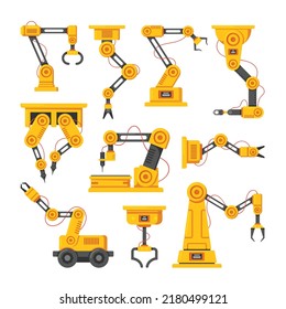 Tecnología De Automatización De Fabricación Y Concepto De Ingeniería Robótica. Manipuladores Robot Industriales, Brazos Robóticos O Manos Mecánicas. Robots Articulados, Dispositivos Modernos. Ilustración del vector de dibujos animados
