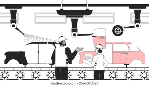 Manufacturing automobile industry black and white line illustration. Auto factory workers supervising assembling motor vehicles 2D characters monochrome background. Automaker process outline vector