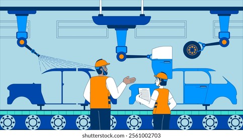 Manufacturing automobile industry flat illustration. Auto factory workers supervising assembling motor vehicles 2D characters cartoon background. Automaker process scene vector storytelling image