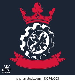 Manufacturing award idea illustration. Simple vector crossed spanners placed in an industry cog wheel. Graphic reparation tool with imperial crown and ribbon. 