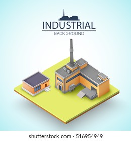 Manufacturing buildings with grey roofs at yellow platform and silhouette of factory on light background vector illustration