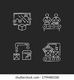 Manufacturing business chalk white icons set on black background. Cost reduction analysis, product assembly, production line and post manufacturing. Isolated vector chalkboard illustrations