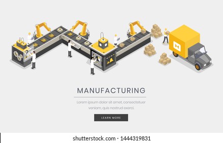 Manufacturing business, company landing page template. Fully automated, autonomous manufacture process, industrialization isometric vector illustration. Assembly and distribution website 3d design