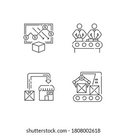 Manufacturing Business Pixel Perfect Linear Icons Set. Cost Analysis, Product Assembly, Production Line Customizable Thin Line Contour Symbols. Isolated Vector Outline Illustrations. Editable Stroke