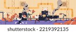Manufacturing business problem, fail concept. Accident, trouble in production industry, failure. Broken machine, equipment. Bad ineffective management. Process out of control. Flat vector illustration
