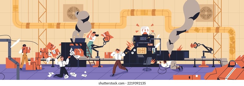 Manufacturing business problem, fail concept. Accident, trouble in production industry, failure. Broken machine, equipment. Bad ineffective management. Process out of control. Flat vector illustration