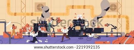 Manufacturing business problem, fail concept. Accident, trouble in production industry, failure. Broken machine, equipment. Bad ineffective management. Process out of control. Flat vector illustration