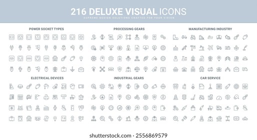 Manufacturing and car service, industry, plug and socket types, gears for industrial and business process line icon set. Garage for equipment repair thin black outline symbols vector illustration