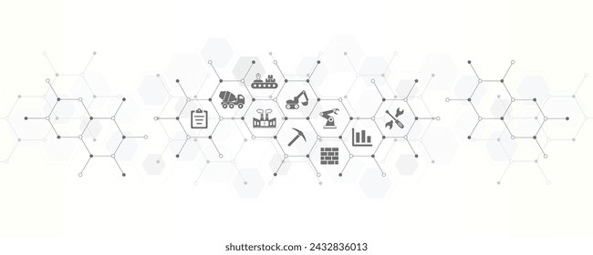 manufacturing challenges banner vector illustration with the website icons and symbol of graph crane tool industrial work brick business concept