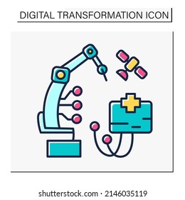 Manufacturing color icon. Industry 4.0. Mechanization manufacture in the medical sphere. Smart technologies. Digital transformation concept.Isolated vector illustration