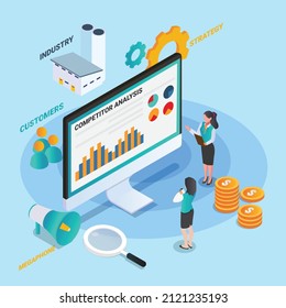 Manufacturing competitor analysis 3D isometric vector concept for banner, website, illustration, landing page, flyer, etc