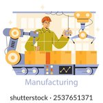 Manufacturing concept. Factory worker operating robotic machinery for assembly line production. Collaboration of human skill and automation. Vector illustration.