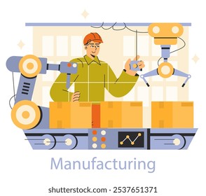 Conceito de fabricação. Trabalhador de fábrica operando máquinas robóticas para a produção de linha de montagem. Colaboração de habilidades humanas e automação. Ilustração vetorial.