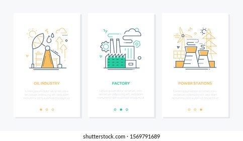 Manufacturing concept - line design style banners set with place for text. Oil industry, factory, power stations themes. Linear illustrations with icons. Images of plants, industrial buildings