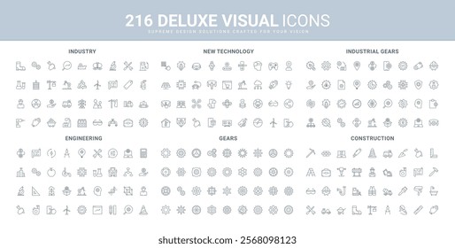 Manufacturing and construction industry, engineering idea and AI support line icon set. Simple cogwheel and gear types, industrial machinery, transport thin black outline symbol vector illustration