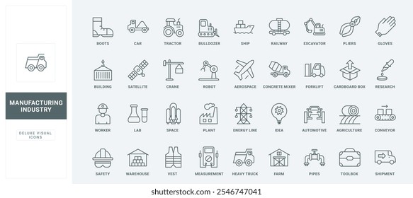 Manufacturing and construction, space transport and energy production, plant automated with robots thin black outline symbols vector illustration. Industry and agriculture line icons set.