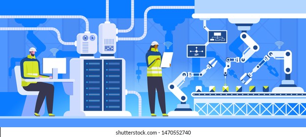 Manufacturing control flat vector illustration. Production engineers cartoon character. Innovational technologies, industrial revolution concept. Colleagues calibrating assembling line systems