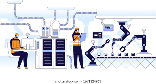 Manufacturing control flat vector illustration. Production engineers cartoon character. Innovational technologies, industrial revolution concept. Colleagues calibrating assembling line systems