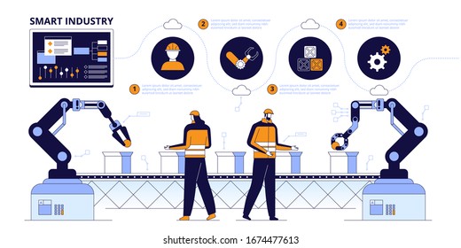 Manufacturing control flat vector illustration. Production engineers cartoon character. Innovational technologies, industrial revolution concept. Colleagues calibrating assembling line systems