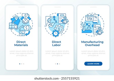 Manufacturing costs blue onboarding mobile app screen. Walkthrough 3 steps editable graphic instructions with linear concepts. UI, UX, GUI template