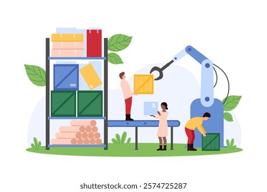 Manufacturing and distribution process with automated machines in factory warehouse. Tiny people and smart robot hand sort packages on conveyor belt, pack boxes on rack cartoon vector illustration