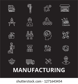 Manufacturing editable line icons vector set on black background. Manufacturing white outline illustrations, signs, symbols