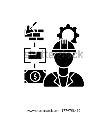 Manufacturing engineer black glyph icon. Specialist to overview building progress. Development and production on construction site. Silhouette symbol on white space. Vector isolated illustration