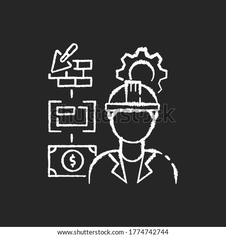 Manufacturing engineer chalk white icon on black background. Manufacturing project. Specialist to overview building progress. Development on construction site. Isolated vector chalkboard illustration