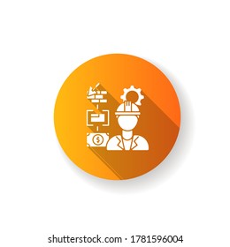 Ingeniero de manufactura de diseño plano naranja de sombra larga icono de glifo. Pasos de proyecto de fabricación. Especialista en la visión general del progreso. Desarrollo de la construcción. Ilustración de color RGB de silueta