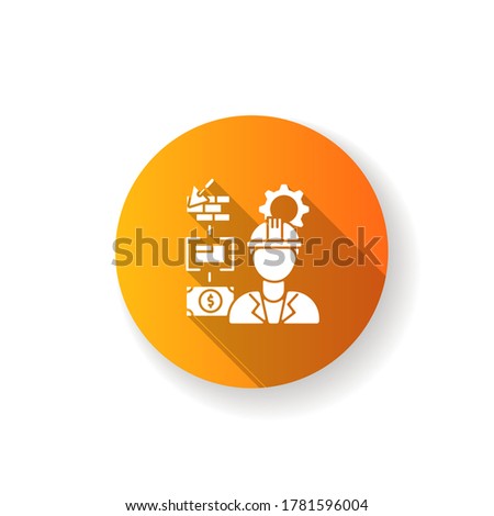 Manufacturing engineer orange flat design long shadow glyph icon. Manufacturing project steps. Specialist to overview building progress. Development on construction. Silhouette RGB color illustration