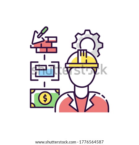 Manufacturing engineer RGB color icon. Manufacturing project steps. Specialist to overview building progress. Development and production on construction site. Isolated vector illustration