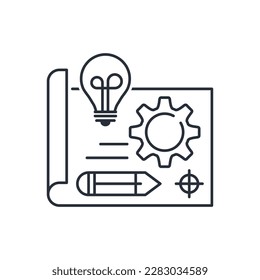 Manufacturing engineering . Development of advanced engineering.  Vector linear icon illustration isolated on white background.