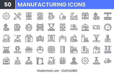 Conjunto de iconos de línea vectorial de fabricación e ingeniería. Contiene iconos lineales como Producción, Ajuste, Fábrica Industrial, Almacén, Trabajo, Manipulador Robot. Uso editable y trazo.