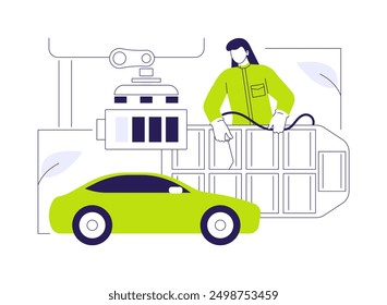 Manufacturing EV battery abstract concept vector illustration. Factory workers create eco-friendly batteries, ecology environment, sustainable energy, accumulators manufacturing abstract metaphor.