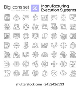 Manufacturing execution systems linear icons set. Smart factory technology. Maintenance costs, efficiency. Customizable thin line symbols. Isolated vector outline illustrations. Editable stroke svg