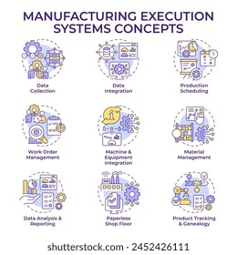 Sistemas de ejecución de fabricación de iconos de concepto multicolor. Optimización de procesos de producción. Automatización de fábrica, rendimiento. Paquete de iconos. Imágenes vectoriales. Ilustraciones de forma redonda. idea Abstractas