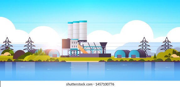 manufacturing factory buildings near river or sea industrial zone plant with pipes and chimney power station production technology concept horizontal flat