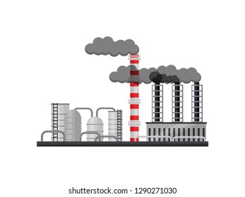 Manufacturing factory with cisterns, smoking pipes and industrial building. Metallurgical production. Flat vector design