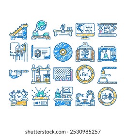 manufacturing factory production doodle icons set vector. sketch line art machine engineer, robot plant construction technology, business machinery manufacturing factory production color illustrations