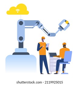 Fábrica de manufactura con tecnología de robots. El operador funciona en el portátil, controla el brazo robótico inalámbrico. El ingeniero monitorea el flujo de trabajo. Industria inteligente. Ilustración de carácter de vector aislada en el fondo