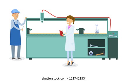 Manufacturing factory, factory worker in working form near technological metalworking machine, with assembly production line industrial conveyor. Work in industry plant. Illustration in cartoon style.