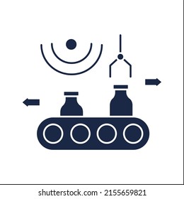 Manufacturing glyph icon. Sorting and packing ready-made dairy products. Moving belt conveyor. Agriculture production.Smart farming concept.Filled flat sign. Isolated silhouette vector illustration