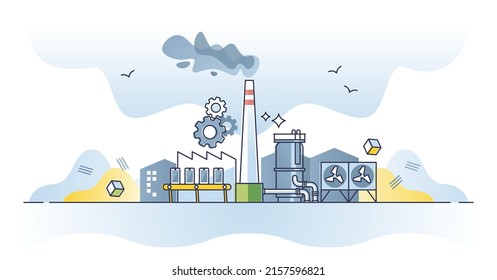 Manufacturing goods in modern production assembly factory outline concept. Industrial building with chimney, warehouse and manufacture parts vector illustration. CO2 pollution from consumer society.