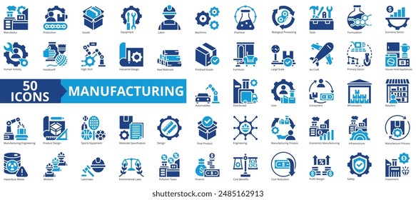 Manufacturing icon collection set. Containing manufacture, production, goods, product, management, business, infrastructure icon. Simple flat vector illustration.