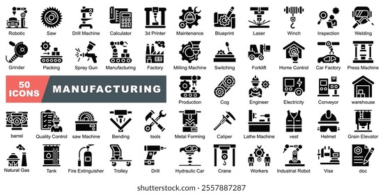 Manufacturing icon collection set. Containing Factory, optimization, Helmet,Maintenance, Robotic, Production, Electricity,Drill Machine,Lasert, Trolley icon. Simple vector.