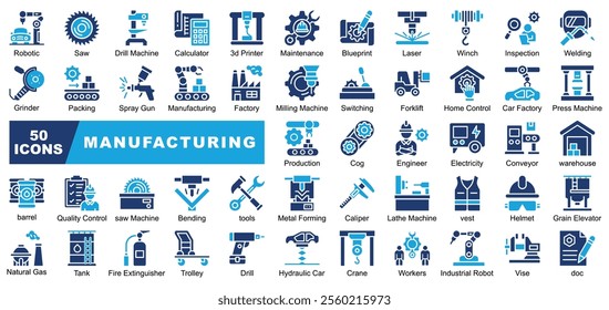 Manufacturing icon collection set. Containing Factory, optimization, Helmet,Maintenance, Robotic, Production, Electricity,Drill Machine,Lasert, Trolley icon. Simple vector.